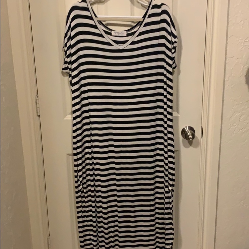Floor length black and white striped dress